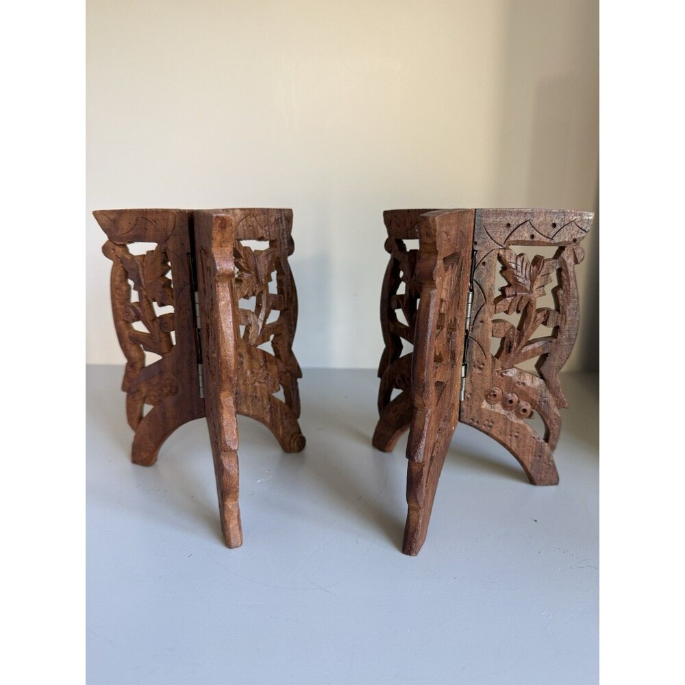 Teak Hand Carved Wooden Plant Stand Tri-fold Pair 6” Tall